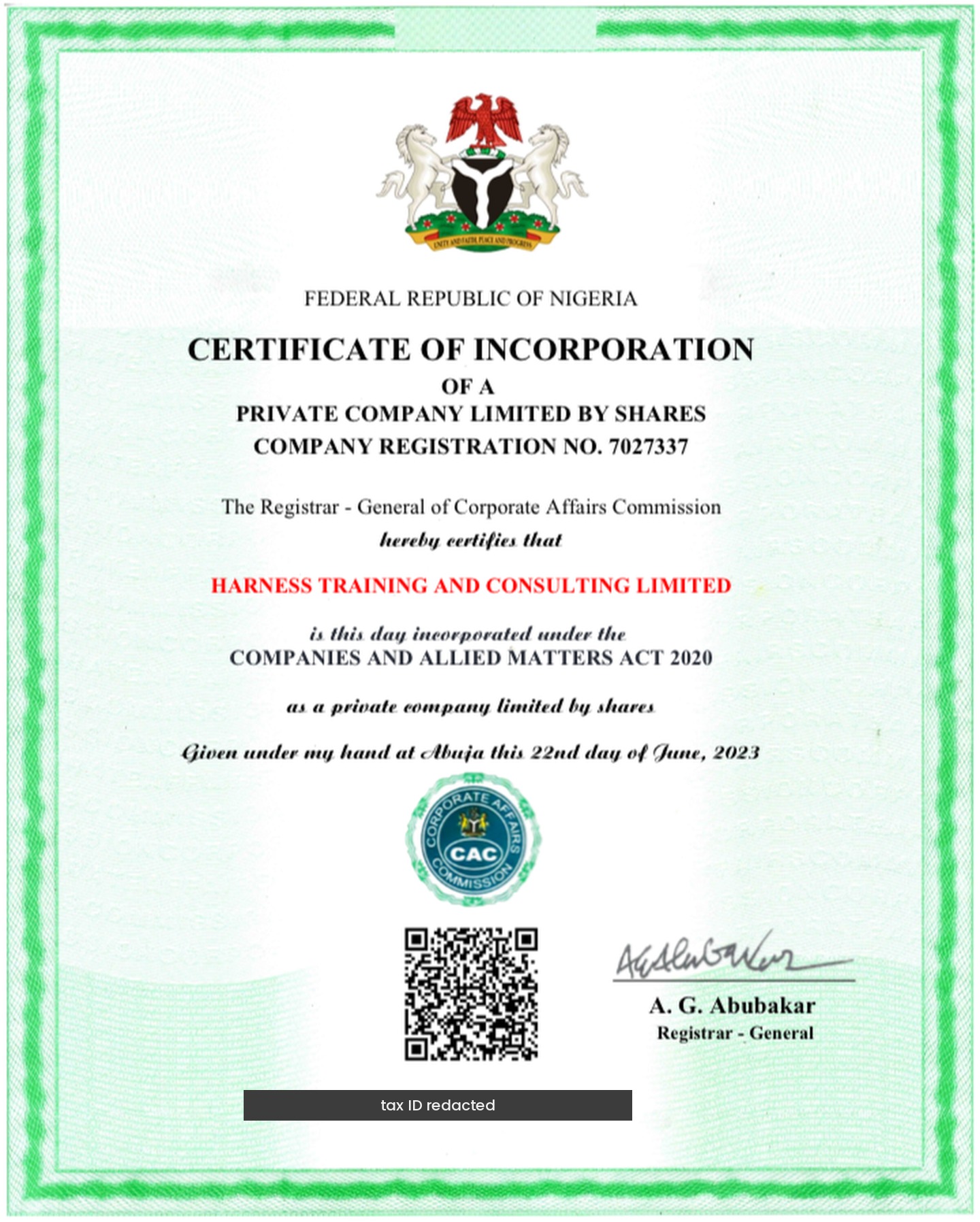 Corporate Affairs Commission Certificate of Incorporation