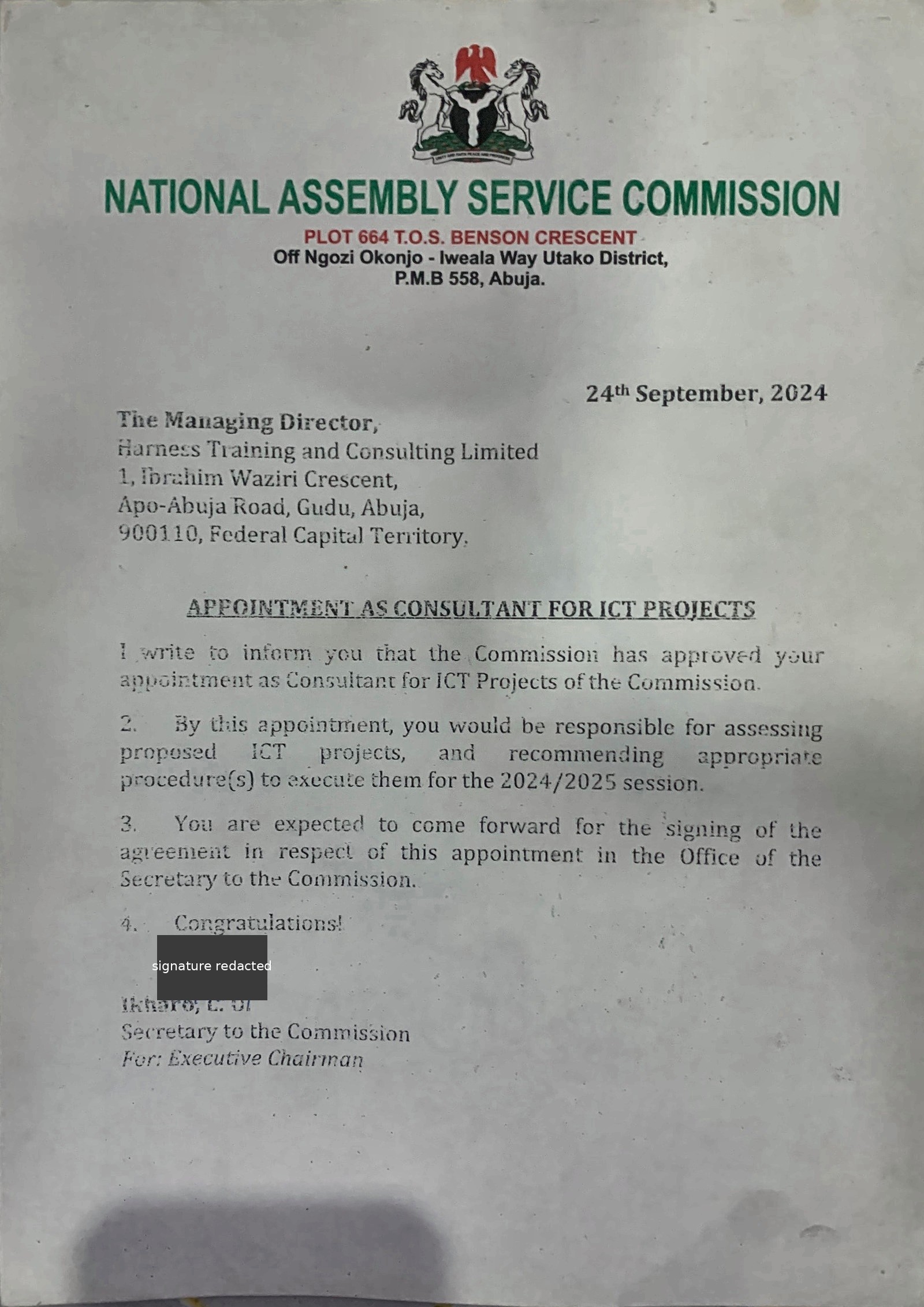 NASC Appointment Letter, 24 September 2024