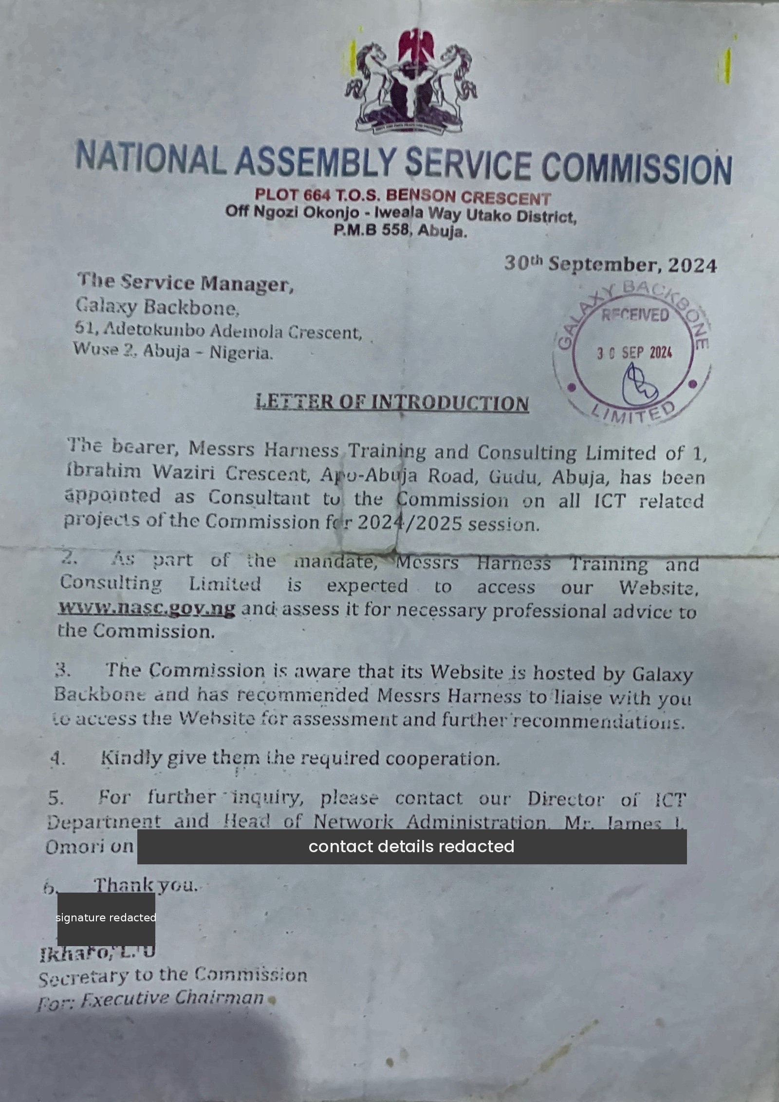 NASC Letter of Introduction to Galaxy Backbone, 30 September 2024
